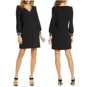 NWT Sam Edelman Metallic Trim Long Sleeve Shift Dress Size 10 Black